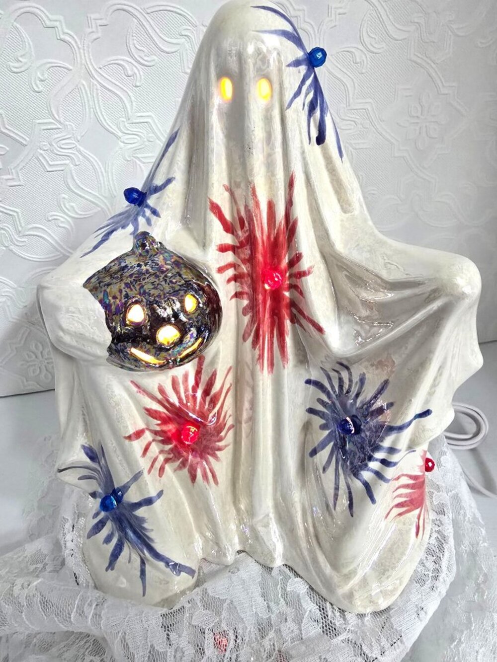 Ceramic Ghost White With A Silver Luster Pumpkin And MOP, Fireworks USA Red/Whit